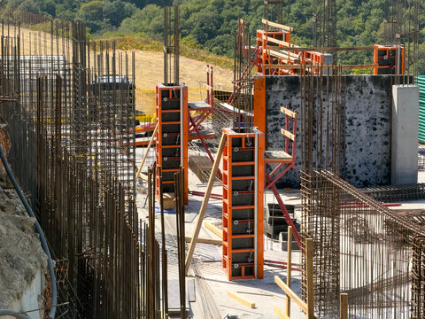 Construction Site: Formwork, Scaffolding, and Rebar Details