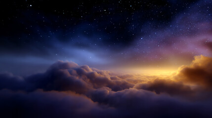 Obraz premium A breathtaking view of fluffy clouds illuminated by the soft glow of a rising or setting sun beneath a star-filled night sky