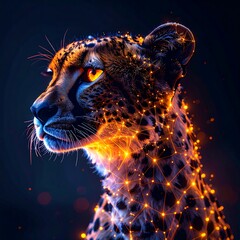 Headshot of a cheetah with glowing orange accents on dark background