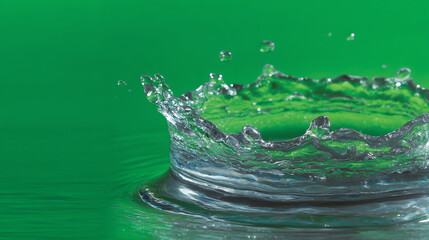 Water splash captured in motion against a vibrant green background, showing intricate details of droplets and ripples on the surface