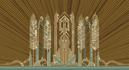 Elegant art deco architecture with radiating golden lines on a teal background