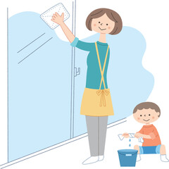 窓拭きをするお母さんと男の子