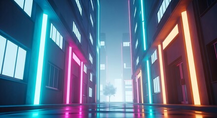 A futuristic cityscape with neon lights illuminating a narrow street