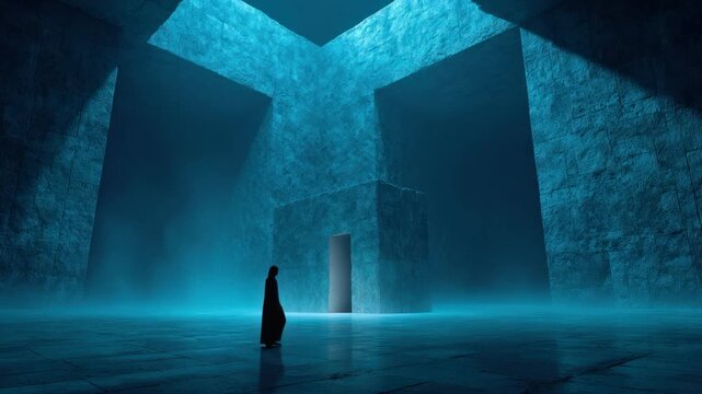 A solitary figure stands before a door in a large, blue-lit architectural space