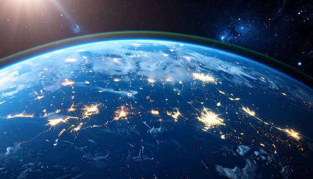 Illuminated night-side Earth from space, with city lights - Powered by Adobe