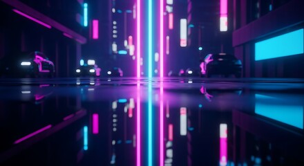 Futuristic cityscape with glowing neon lights and reflections on wet ground