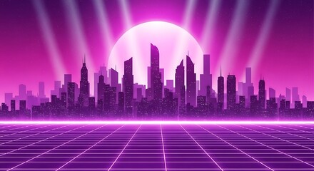 Retro futuristic cityscape with neon grid and glowing sun at night
