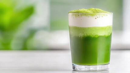 Refreshing Iced Matcha Latte in a Glass with Creamy Layer