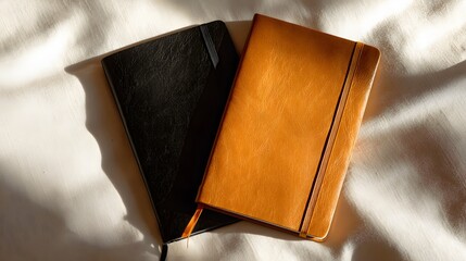 Two leather covered notebooks rest side by side on a textured white surface under dramatic lighting.