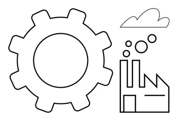 Large gear beside factory emitting smoke and cloud above. Ideal for industry, manufacturing, production, innovation, workforce, automation, supply chain. Simple flat metaphor