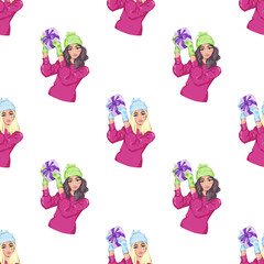 Christmas celebration. Cute flat girl with gift box. Gifts for Birthday, Valentine Day or Christmas New Year Holiday. Holiday present.