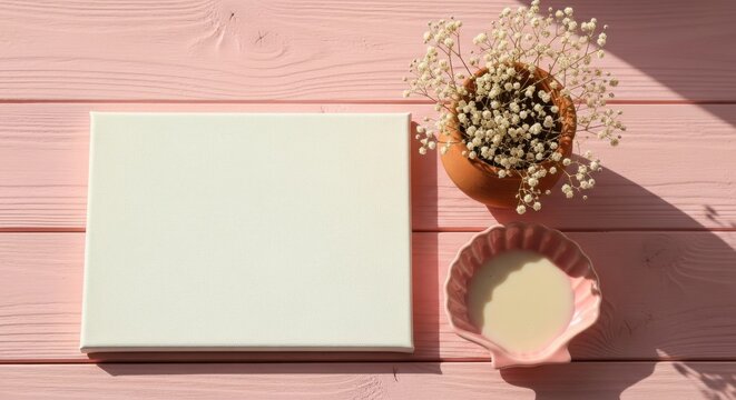 Blank square canvas and delicate dried flowers in a seashell on pink wood surface