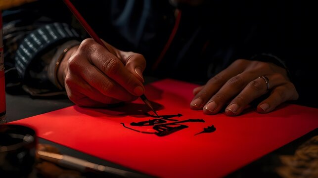 Skilled hands of a master calligrapher carefully painting a traditional Chinese symbol on red paper for the Lunar New Year