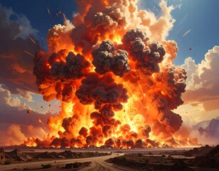 Large explosion engulfing landscape with intense fire and smoke