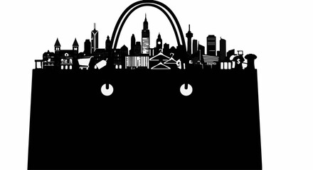 Black silhouette of a shopping bag filled with a city skyline and landmarks.