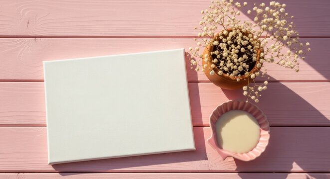 Blank canvas and decorative elements on a textured pink wooden surface with natural light