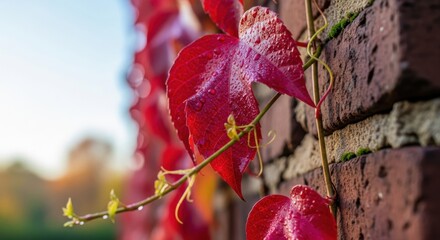 Vibrant red autumn leaves clinging to a textured brick wall under a soft sky