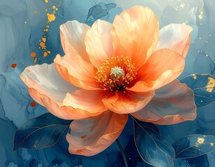 Large, orange floral art with gold accents on a marbled blue backdrop