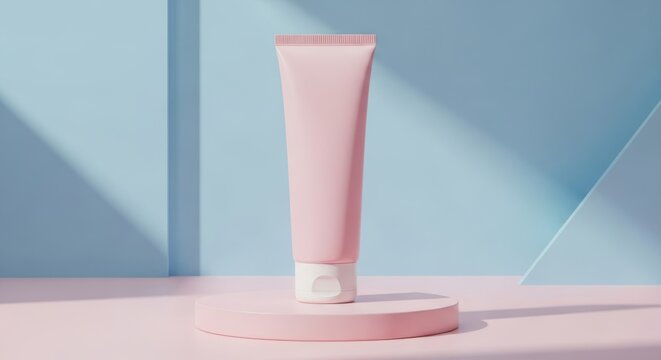 Elegant pink cosmetic tube displayed on a circular pedestal with geometric shadows