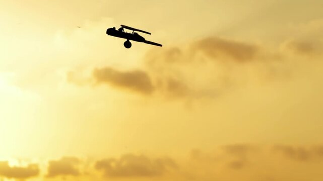 Silhouette of boy playing with toy airplane at sunset, child dreaming of flying, freedom and imagination concept, childhood fantasy flight, sky background golden hour light, inspiration, ambition, fut