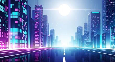 Futuristic cityscape with neon lights and a bright moon in the sky