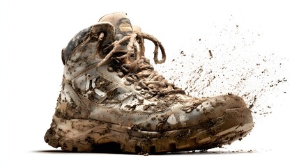 Dirty hiking boot slamming into muddy ground with flying dirt particles, perfect for outdoor gear promo, adventure blog