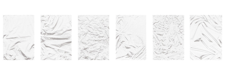Six white crumpled paper textures isolated on transparent background for creative use