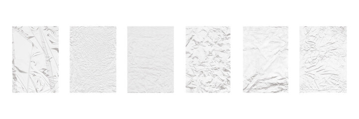 Collection of six different white paper textures isolated on transparent background