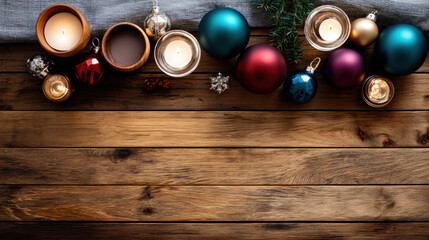 wooden table Christmas ornaments, candles festive tablecloth empty space above for text. Merry Christmas and Happy Holidays greeting card, frame, and banner. New Year. Noel. Winter Christmas theme.