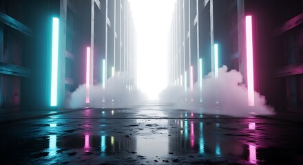 Futuristic tunnel with neon lights and smoke, cyberpunk aesthetic
