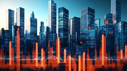 Futuristic urban skyline with digital data overlay at sunset - Powered by Adobe