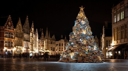 Fototapeta premium A modern minimalist Christmas tree made from stacked books with simple elegant decorations A towering Christmas tree in a bustling European town square, illuminated with festive lights
