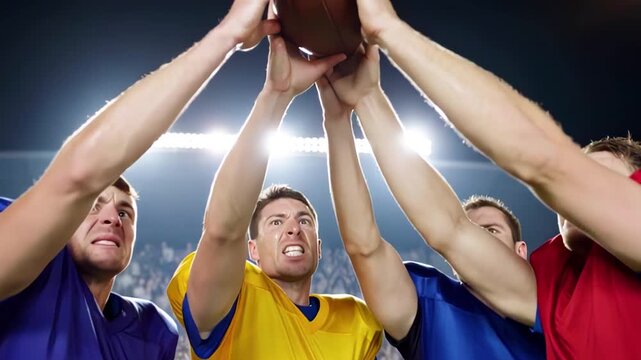 American football team holds football in hands before match. Team spirit and moral support for each other before championship at stadium.