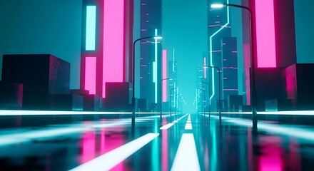 Futuristic neon city street at night with glowing lights and reflections