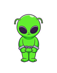 Obraz premium A cartoon green alien with large eyes and chains on its wrists stands against a white background in a digital illustration with a futuristic feel and neon color palette.