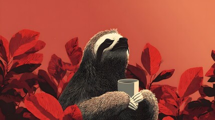 Obraz premium Mammal creature rests enjoying a warm beverage surrounded by vivid foliage under a reddish sky