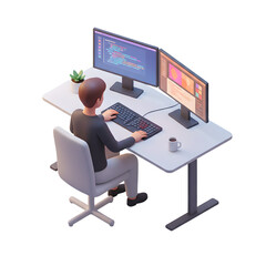 3D illustration of a professional sitting at desk with dual monitors