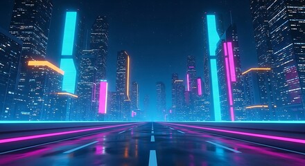 Futuristic cityscape with neon lights and reflections on wet street