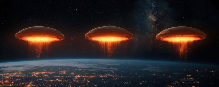 Wellness happiness holistic concept. Three futuristic UFOs hover above Earth, emitting bright orange lights in a starry background.