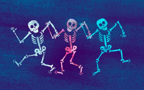 A bright neon skeleton dances and waves its arms