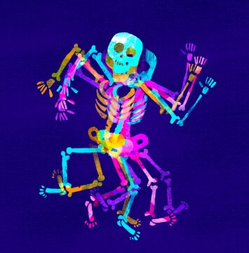 A bright neon skeleton dances and waves its arms