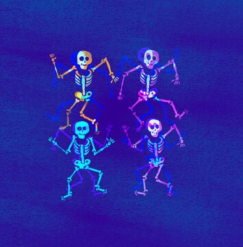 A bright neon skeleton dances and waves its arms