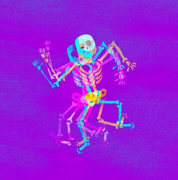 A bright neon skeleton dances and waves its arms