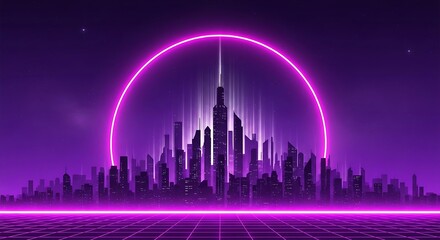 Futuristic neon cityscape with glowing purple ring and grid floor