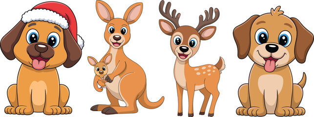 Cute cartoon dog kangaroo and deer vector illustration, funny Christmas animal characters for kids design, learning and holiday projects