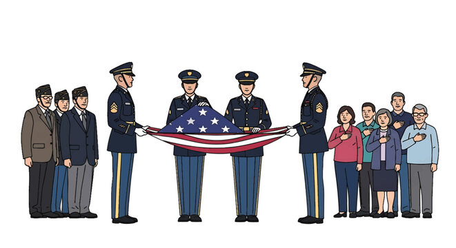 Illustration of military personnel and civilians gathered around a folded American flag on a white background.