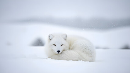 Fototapeta premium Arctic Fox Curled Up Sleeping in the Snow During a Winter Landscape