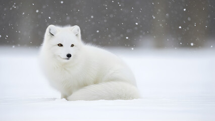 A pristine arctic fox gracefully rests amidst a gentle snowfall, showcasing its stunning white fur in a serene winter wilderness