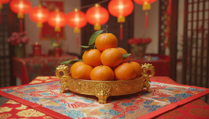 Mandarins in ornate tray for Chinese New Year
