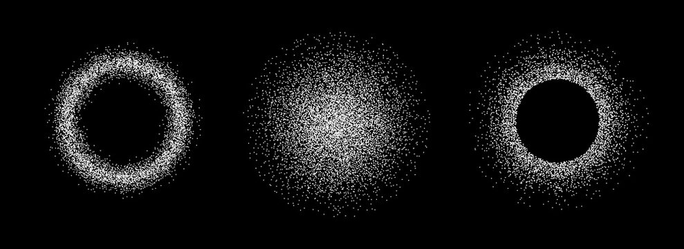White salt powder frame set. Snow or flour texture. Round dust effect isolated on black background